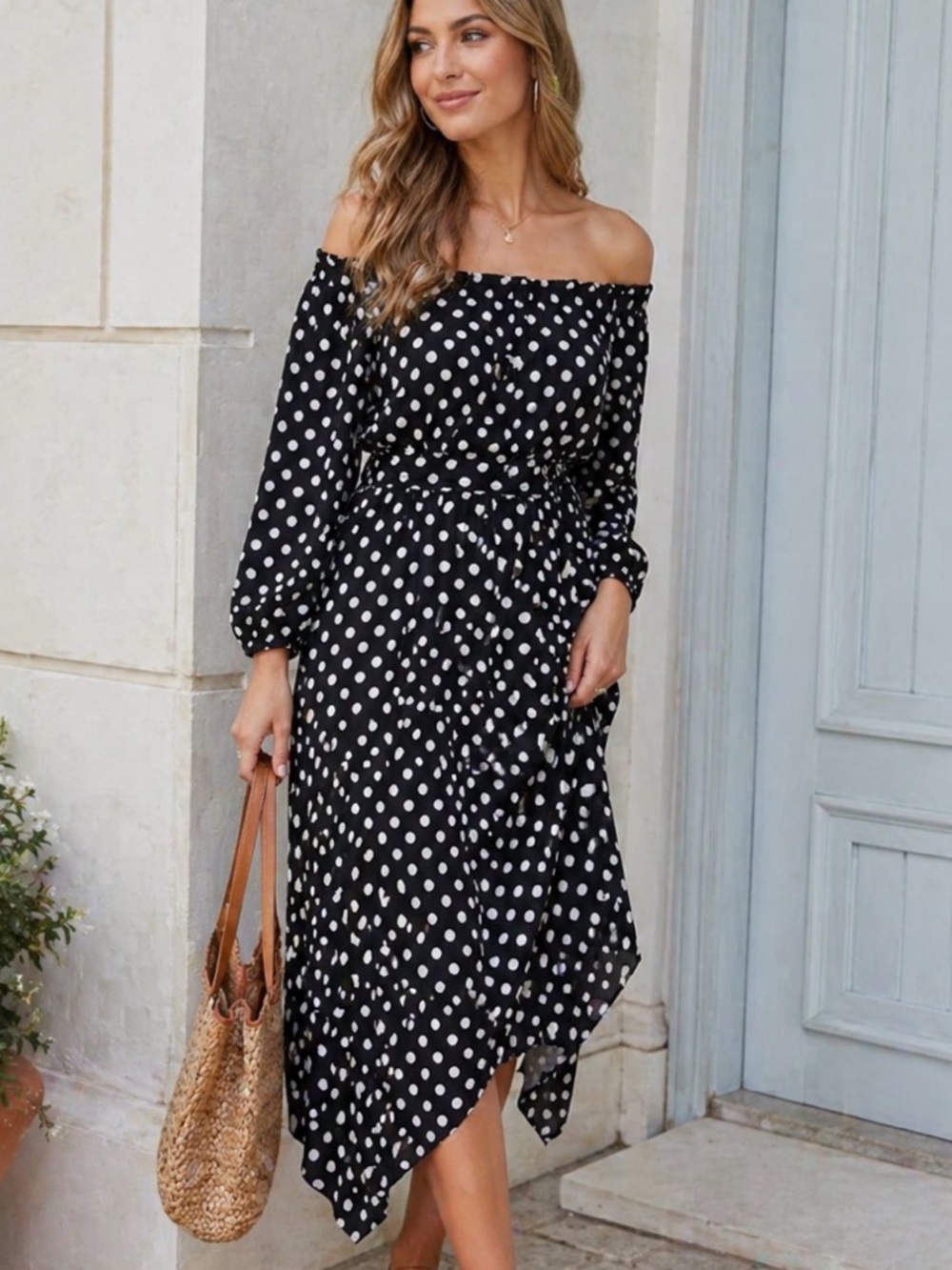 Oversized Maeve for Anthro Gerti Polka‎ Dot Midi Off Shoulder Dress